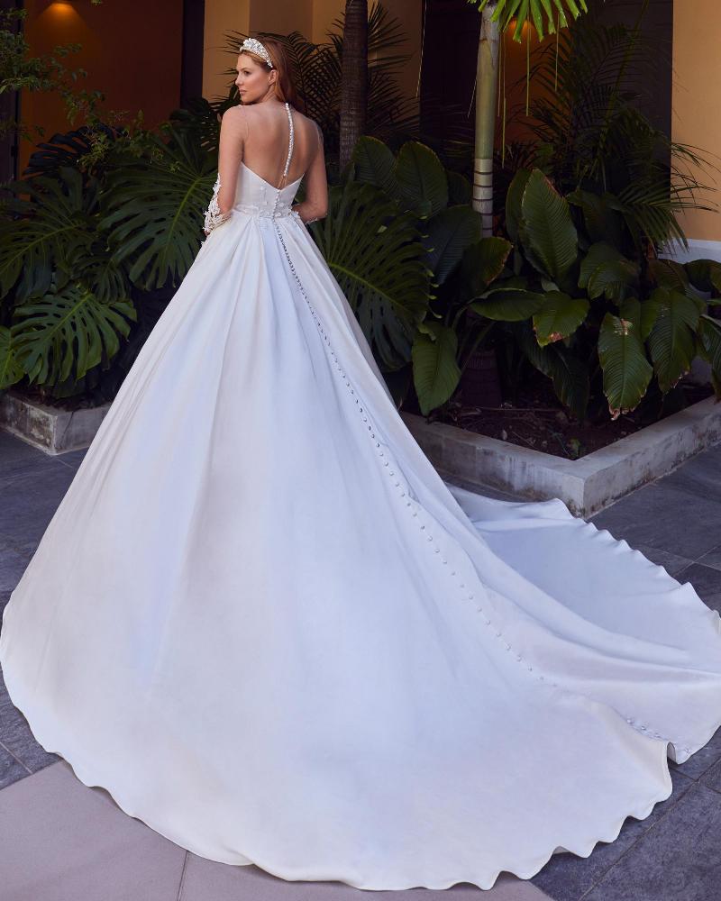La23121 classic satin a line wedding dress with long sleeve lace jacket2